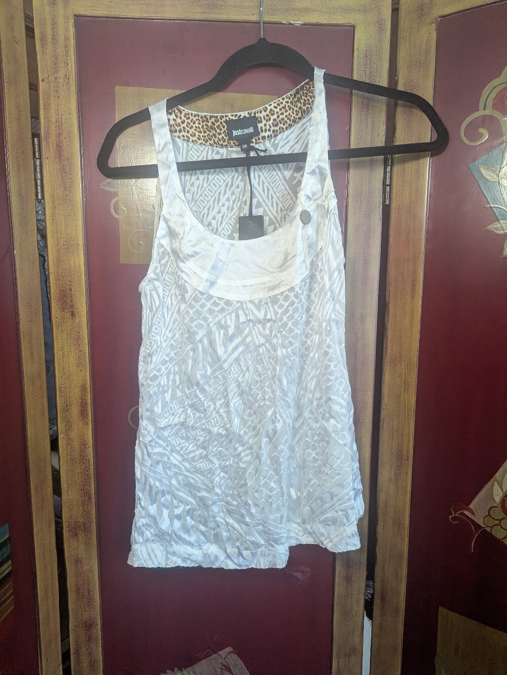 Just Cavalli NWT Geometric Leopard Print Sheer White Silk Blend Tank Top 38/US 4